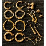 A pair of 9ct gold hoop earings; another pair; others, 6.8g; others