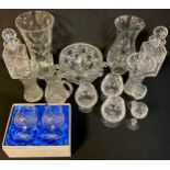Glassware - a pair of Waterford brandy glasses, Royal Brierley decanters, MacKintosh pewter spirit