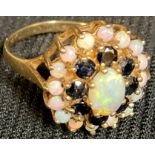 An opal and sapphire cluster ring, 9ct gold shank