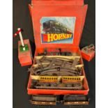 A Hornby train set; two LMS wagons, signal; etc