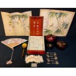 A Mah-Jong set boxed; a Chinese lacquer set of coasters, boxed; a fan; a bowl and cover; prints; a