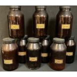 Kitchenalia - a set of nine large brown glass storage jars, various labels, rice, sultanas, tea,