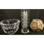 An Orrefors Sweden glass bowl, 8cm high; an art glass candlestick; a studio pottery dodecahedron (3)