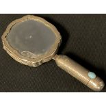 An Italian novelty hand mirror shaped compact and lipstick holder, low grade silver, unmarked, 12.