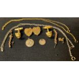 A 9ct gold Mizpah brooch, 3g; gold plated chain; etc