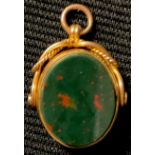 A Victorian 9ct rose gold bloodstone and carnelian swivel fob, rope twist suspension loop,