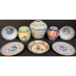 Oriental - a Chinese famille rose barrel shaped caddy; an Imari vase; a 19th century ginger jar;