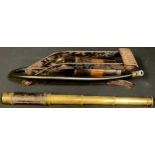 A brass three draw telescope, brown leather grip, 37cm overall; a Dunlop Minor foot pump (2)