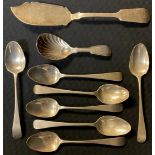 A George III silver caddy spoon, London 1816; a Victorian silver fish knife, Newcastle 1850; a set