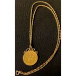 An American gold five dollar coin, with 9ct gold suspension loop and 9ct gold necklace chain, 12.