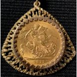 A George V full gold sovereign, dated 1911, mounted in 9ct gold as a pendant on chain, 14.3g