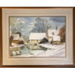 English School (20th century) Snow covered farm by the pond indistinctly signed, watercolour