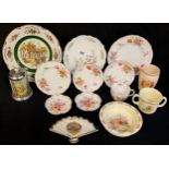 A Royal Doulton Bunnykins baby's bowl and two-handled mug; an Aynsley Cottage Garden plate; Royal