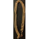 A 9ct gold guard chain, marked 9ct, with gold plated heart shaped fob, 27.3g gross