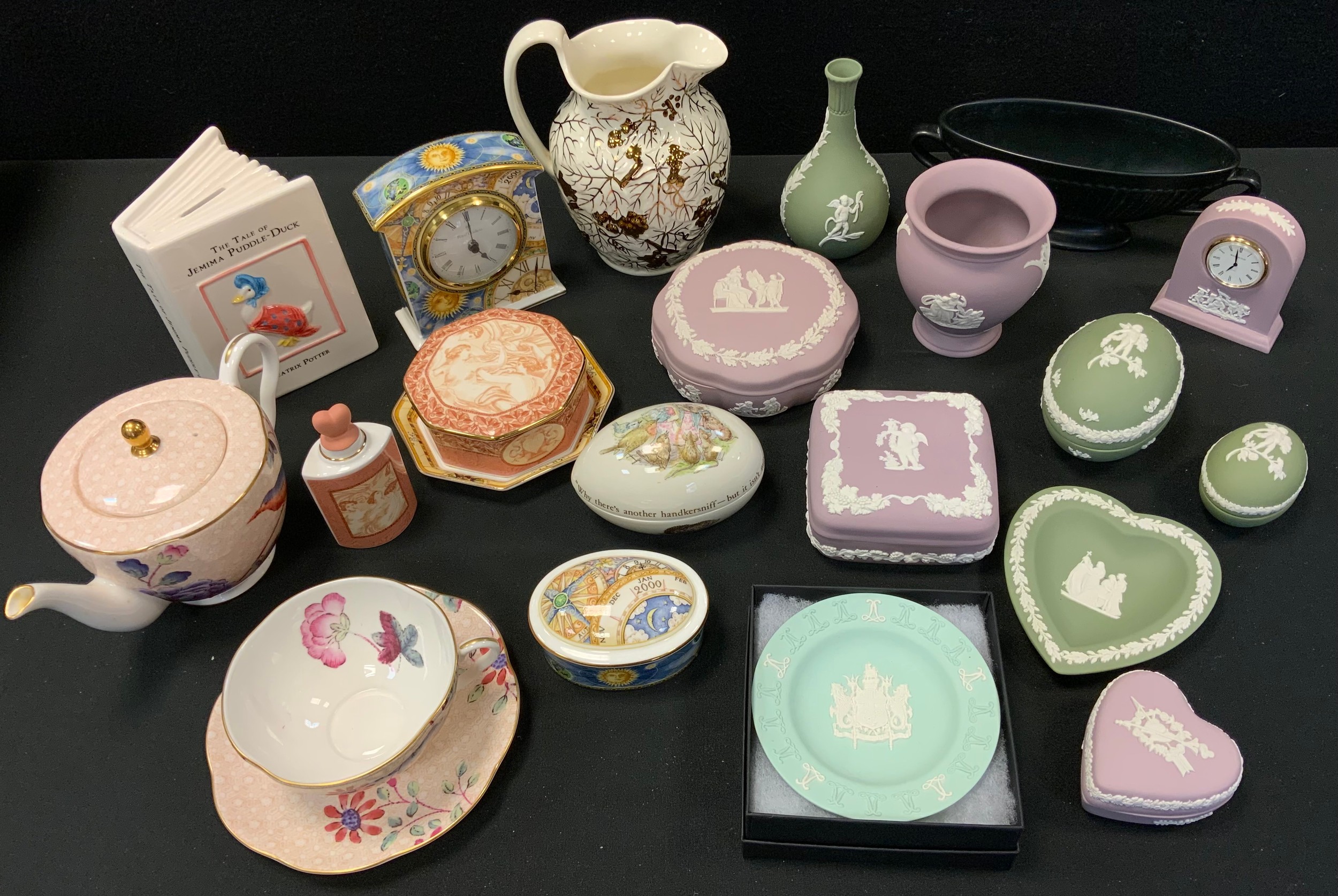 Wedgwood - a lilac Jasperware shaped circular powder bowl, vase, clock etc; others green, New Days