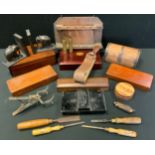 An early 20th century mahogany box; others; chisels; knife sharpener; pipe rack; etc