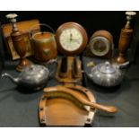 Treen - a pair of oak candlesticks; Horseshoe crumb scoop and brush; clocks, silver plated teapot,