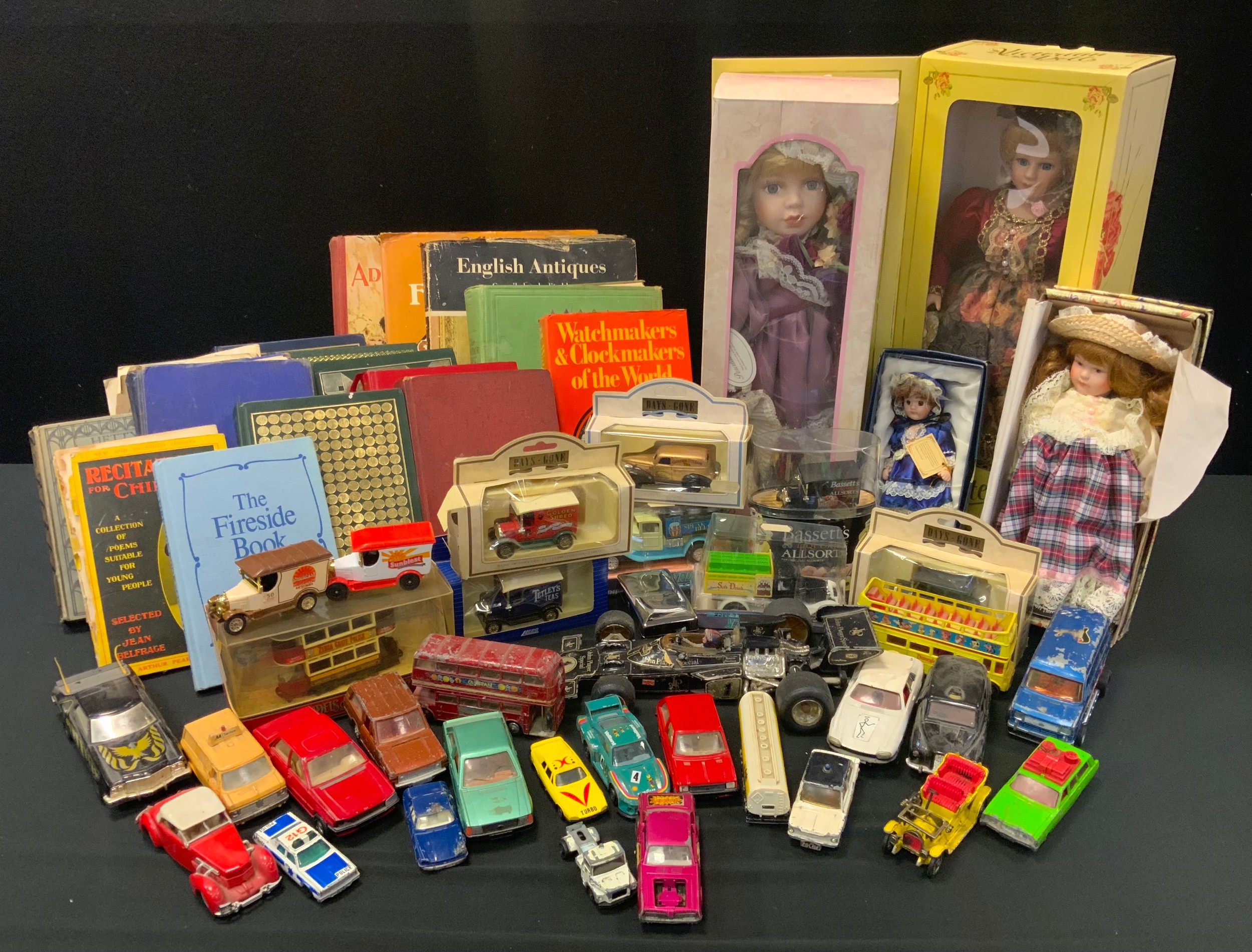 Toys - die cast vehicles, Dinky, Corgi, playworn; Models of Yesteryear; Victorian doll; books; etc