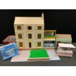 A Modern three storey dolls house, assorted furniture, summerhouse, cottage, stalls ,shop etc qty.