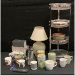 Robert Welch four tier pan stand/vegetable rack; Denby lamp; Emma Bridgwater plates and tins;