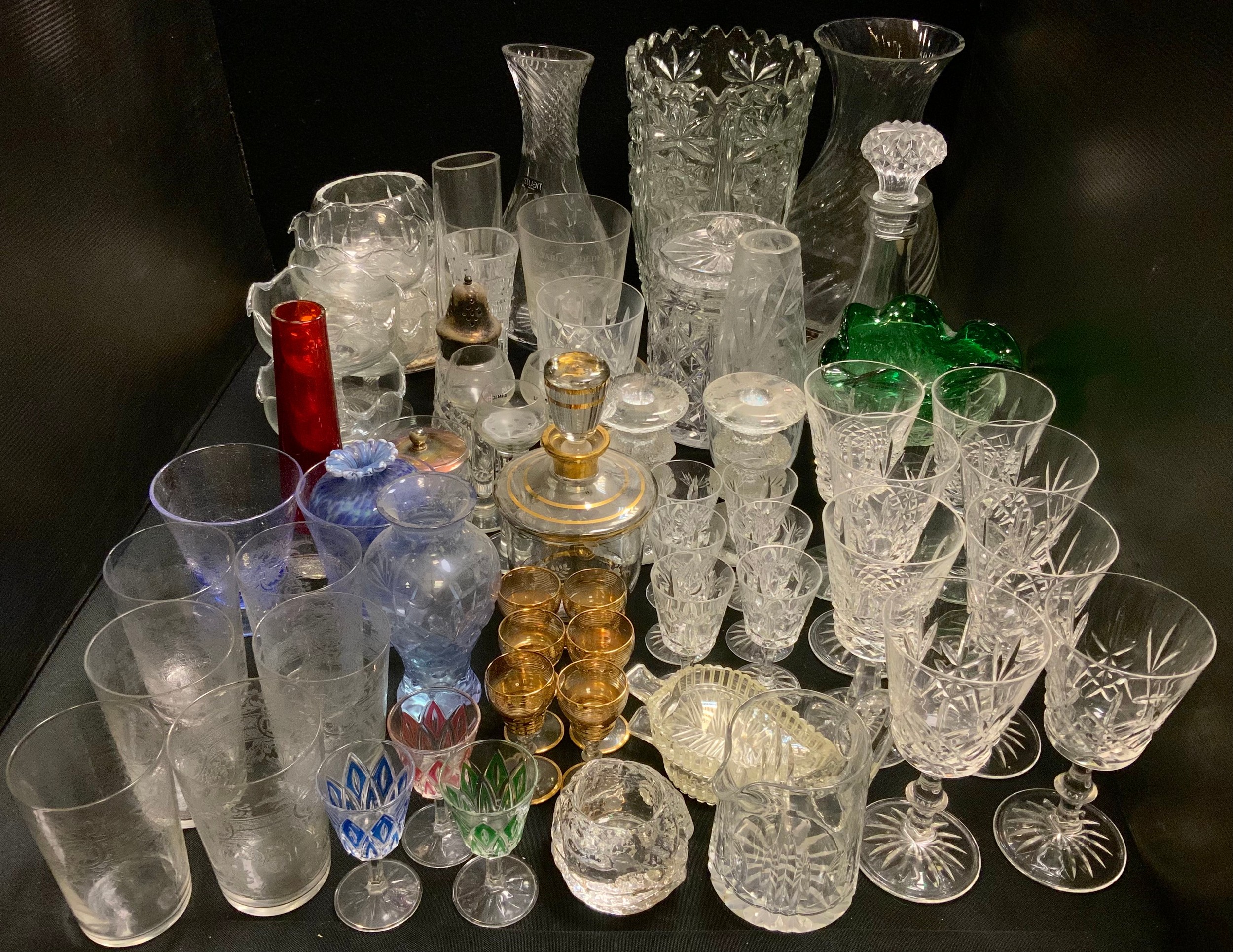 Glassware - a Stuart crystal wine carafe; decanter, vases, stemware; pale blue crackle wine glasses;