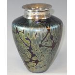 A silver mounted and Art glass ovoid vase, in the manner of Loetz, 11cm high, Sheffield