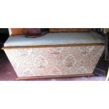 A Victorian sarcophagus blanket box, stuffed over top, 'tapestry' front, 65cm high, 125cm wide, c.