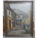 Cornish School The Fisherman's Home, Polperro indistinctly signed, inscribed to verso, oil on canvas