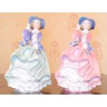 A Royal Doulton figure, Top o'the Hill, green dress, HN1833; another pink dress, HN1849 (2)