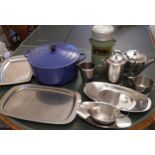 A large Le Crueset casserole dish and cover, in blue; Thermos flask Old Hall metalware; etc