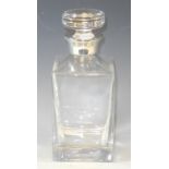 A silver mounted square clear glass decanter of plain design, mushroom shaped stopper, 22cm high