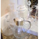 A cut glass ships decanter and stopper, prismatic stopper, cm high; a plated and clear glass