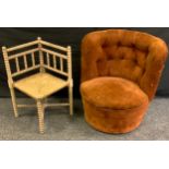 A 20th century painted corner bobbin turned side chair; a Victorian button back tub chair (2)