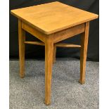 An oak square top cafe table retailed by B & W Cockayne Ltd of Sheffield, tapered square legs, X-