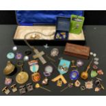 A silver gilt Masonic medal; sliver fob; silver sheep dog President badge; enamelled badges; etc