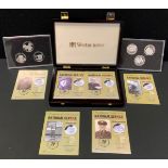 A set of six silver National service £5 coins, proof cased as trios, with certificates