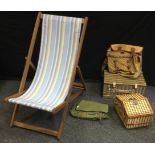 Outdoor Pursuits - a Billingham fishing bag; wicker picnic basket; another; deck chair etc (5)