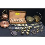 Metalware - a set of six Victorian bell weights; preserve pans, horse brasses; cast iron trivet;