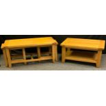 A contemporary pine coffee table, rectangular top, square legs, 46cm high, 96cm wide, 62cm deep;