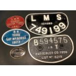 Railwayana - a cast iron LMS wagon plate, lot No 1209, Derby, dated 1941, 12.5cm wide; others BR