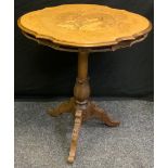 A 19th century continental oak and walnut occasional table, shaped oval inlaid marquetry and penwork