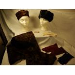 Two Fur hats and a matching stole/wrap plus 4 pairs of leather gloves (mannequin heads not