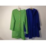 2 Vintage coats - Blue coat St Michael size 12 with hood , no makers label in green knitted coat