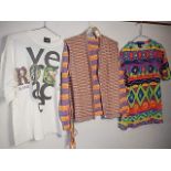 A vintage Versace Jeans t-shirt, a Jaeger knitted top and sleeveless top and a vintage colourful top