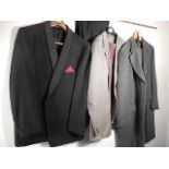 A collection of 3 Jackets - A black dinner jacket with trousers and braces, a Grey trouser suit with