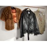 A real fur sleeveless jacket/stole, a Harrods jacket and a real leather jacket with badges size 48