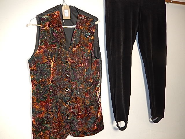 A 1990's velvet patterned waistcoat and black velvet strip pants set