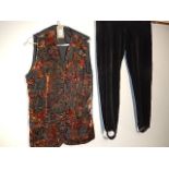 A 1990's velvet patterned waistcoat and black velvet strip pants set