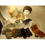 A real fur hat plus 2 others 6 pairs of gloves and 5 various purses/wallets