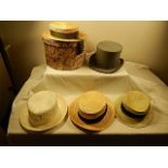 A collection of Hats - to include a Top hat and Hatbox